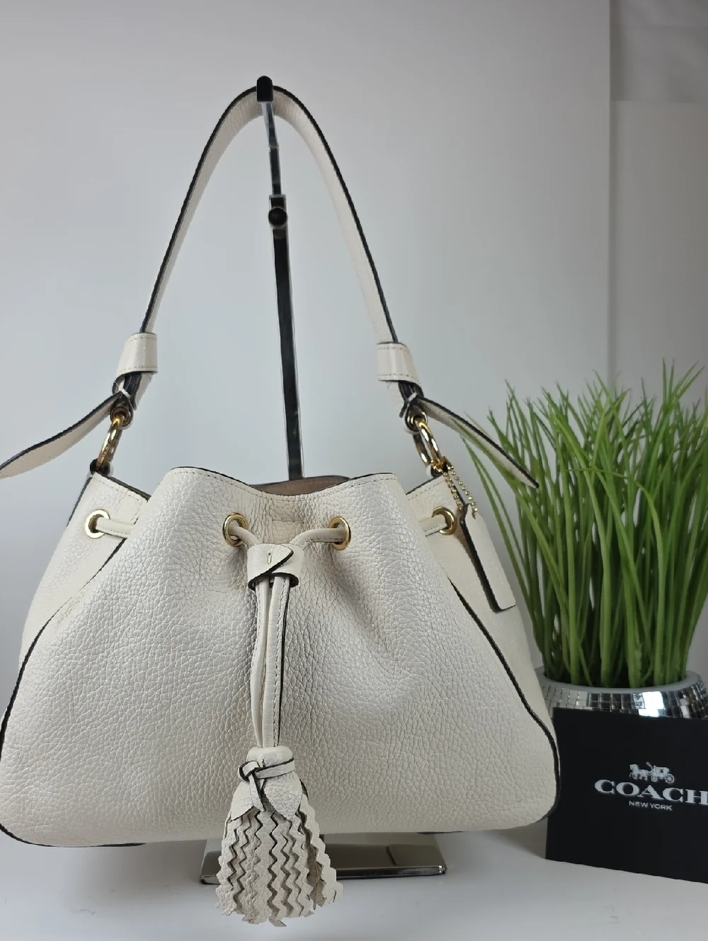 Coach Everly White Pebbled Leather Drawstring Shoulder Bag